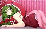  bare_shoulders bed bed_sheet blanket blush border bow curtains front_ponytail green_eyes green_hair hair_bow hair_ribbon highres kagiyama_hina lingerie long_hair looking_at_viewer lying on_stomach panties polka_dot purple_panties ribbon smile solo touhou underwear yadokari_genpachirou 