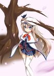  bad_id bad_pixiv_id blue_eyes cape cherry_blossoms hat highres karakura little_busters! long_hair noumi_kudryavka petals school_uniform silver thighhighs tree 