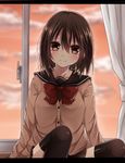  black_legwear blush bosako_(yamasuta) brown_eyes brown_hair cloud collarbone head_tilt highres letterboxed looking_at_viewer original school_uniform short_hair sitting skirt sky smile solo sunset thighhighs window yamasuta 