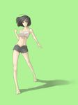  bare_shoulders barefoot black_eyes black_hair clenched_hand expressionless full_body green_background highres koharu_nosuke navel open_fly original shadow short_hair shorts simple_background solo sports_bra standing unzipped 