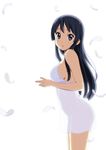  akiyama_mio black_eyes black_hair feathers highres hime_cut k-on! lingerie long_hair looking_at_viewer negligee official_style open_mouth qplus see-through simple_background solo underwear white_background 