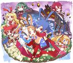  6+girls angel_wings antenna_hair armor asagiri_asagi bad_id bad_pixiv_id barbara_(disgaea) belt blonde_hair blue_eyes bosutafu bow brown_hair capelet castle choker clenched_hands demon_tail demon_wings disgaea disgaea_d2 earrings etna fang fingerless_gloves flonne flonne_(fallen_angel) flower frills gloves green_hair groin heart heart-shaped_pupils jewelry laharl long_hair long_sleeves magical_girl multiple_boys multiple_girls navel necktie nippon_ichi open_mouth outstretched_arms petals pink_legwear pointy_ears pouch prinny pure_flonne red_eyes red_hair red_sailor_collar sailor_collar scarf short_hair short_shorts shorts sicily_(disgaea) skull slit_pupils symbol-shaped_pupils tail thighhighs twintails very_long_hair white_bloomers wings xenolith 