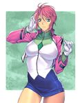  blue_eyes breasts celestial_being_uniform cropped_jacket feldt_grace gloves gundam gundam_00 gundam_00_a_wakening_of_the_trailblazer hand_on_own_head highres homare_(fool's_art) jacket large_breasts miniskirt pink_hair short_hair skirt solo 