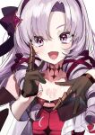  1girl black_gloves black_hairband bow claw_ring collarbone diamond_choker dress drill_hair fuubuu gloves hair_bow hair_ribbon hairband half_gloves highres hyakumantenbara_salome hyakumantenbara_salome_(1st_costume) index_finger_raised long_hair nijisanji off-shoulder_dress off_shoulder open_mouth parted_bangs purple_eyes purple_hair red_dress ribbon simple_background smile solo star_(symbol) star_in_eye symbol_in_eye upper_body very_long_hair virtual_youtuber white_background 