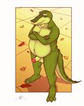  abstract_background anthro autumn balls barefoot belly chubby crocodile crossed_arms cum dundee dundee_(spotty) green_body hairless leaf male nipples penis pose reptile scalie solo spotty_the_cheetah standing 