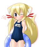  animal_ears blonde_hair blue_eyes fox_ears fox_tail highres innertube koyomi_(shinshia) long_hair one-piece_swimsuit one_eye_closed original school_swimsuit shinshia smile solo swimsuit tail 