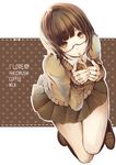  bad_id bad_pixiv_id brown_eyes brown_hair carton coffee drinking drinking_straw glasses highres kneehighs loafers ryota_(ry_o_ta) shoes short_hair skirt solo sweater yukico-tan yukijirushi 