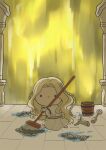  1boy artist_name braid broken_statue bucket chibi chibi_only commentary_request elden_ring elden_ring:_shadow_of_the_erdtree holding holding_mop long_hair looking_at_viewer male_focus message_(fromsoftware) mimikuso miquella_(elden_ring) mop o_o smile solo tunic white_tunic wooden_bucket 