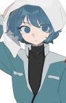  1boy black_shirt blue_eyes blue_hair blue_jacket closed_mouth drying drying_hair expressionless gundam hair_between_eyes highres jacket kamille_bidan long_sleeves looking_at_viewer male_focus no_pupils o-three shirt short_hair simple_background solo towel towel_on_head upper_body water_drop wet wet_hair white_background zeta_gundam 