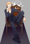  bad_id bad_pixiv_id blonde_hair casual cigarette earrings fate/stay_night fate_(series) gilgamesh jewelry lorein male_focus red_eyes smoking solo 