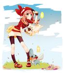  1girl ? bad_id bad_pixiv_id bandana bike_shorts blush breasts brown_hair cloud day gen_3_pokemon gloves grass green_eyes haruka_(pokemon) highres leaning_forward long_hair map medium_breasts mudkip nicole_(usako) pokemon pokemon_(creature) pokemon_(game) pokemon_rse skirt sky socks 