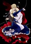  1girl artoria_pendragon_(all) blonde_hair blue_eyes chain dress enkidu_(weapon) fate/zero fate_(series) gilgamesh jewelry kai28 necklace red_eyes saber 