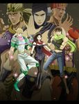  5boys battle_tendency black_hair blonde_hair boots brown_hair bubble caesar_anthonio_zeppeli earrings esidisi green_jacket head_scarf highres hoop_earrings jacket jewelry jojo_no_kimyou_na_bouken joseph_joestar_(young) kars_(jojo) lisa_lisa manly midriff multiple_boys muscle pantyhose scarf turban wamuu white_hair yuko_(y_yuko) 