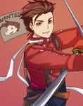  belt brown_eyes brown_hair dual_wielding holding kamabo_ko lloyd_irving male_focus poster_(object) red_background red_shirt scarf sheath shirt simple_background smile solo suspenders sword tales_of_(series) tales_of_symphonia wanted weapon 