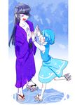  ^_^ bare_legs black_hair blue_hair blush blush_stickers chamaruku closed_eyes eyepatch geta japanese_clothes karakasa_obake long_hair multiple_girls open_mouth personification red_eyes ripples short_hair skirt smile tatara_kogasa tatara_kogasa_(umbrella) touhou umbrella water 