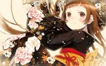  blush brown_eyes brown_hair floral_print from_above hime_cut japanese_clothes kimono long_hair lying okari on_side original smile solo 