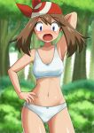  1girl arm_behind_head armpits bandana blue_eyes blurry blurry_background blush bra breasts brown_hair collarbone commentary_request cowboy_shot forest hand_on_own_hip kohta_(my_page) looking_at_viewer may_(pokemon) medium_breasts medium_hair nature navel open_mouth panties pokemon pokemon_rse red_bandana solo standing stomach textless_version training_bra underwear underwear_only white_bra white_panties 