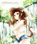  absurdres animal_ears brown_hair cat_ears cat_tail earrings extra_ears gloves hat highres jewelry long_hair nature navel orange_eyes original revanche shorts solo tail tree water water_gun waterfall wet 