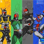  4boys armor artist_name biorider black_armor blue_armor blue_background commentary compound_eyes english_commentary facebook_username green_armor green_background grey_background helmet highres indonesian_commentary instagram_username kamen_rider kamen_rider_black kamen_rider_black_(series) kamen_rider_black_rx kamen_rider_black_rx_(series) mixed-language_commentary multilingual_commentary multiple_boys multiple_persona roborider roheemura_art tokusatsu twitter_username yellow_armor yellow_background zoom_layer 