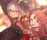  2girls artist_name blue_hair blurry blurry_background bow brown_hair choker christmas commentary crescent crescent_moon_pin decorations english_commentary eyebrows_visible_through_hair eyes_closed hair_ornament hat hat_ornament kagari_atsuko little_witch_academia long_hair mittens multiple_girls omiza_somi open_mouth red_eyes santa_costume signature smile snow snowflakes striped striped_bow upper_body ursula_charistes wand wide_sleeves witch witch_hat 