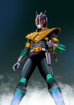  1boy armor belt belt_buckle black_armor black_background boots buckle commentary dragon_ranger english_commentary feet_out_of_frame fusion gloves gold_armor gradient_background green_armor green_background grey_gloves helmet holding holster kamen_rider kamen_rider_black_rx kamen_rider_black_rx_(series) kikomauriz kyouryuu_sentai_zyuranger male_focus masked_rider_(saban) mighty_morphin_green_ranger mighty_morphin_power_rangers power_rangers rider_belt saban's_masked_rider smoke standing super_sentai tokusatsu 