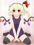  absurdres bad_id bad_pixiv_id black_legwear blonde_hair flandre_scarlet hat hat_ribbon highres masa_masa one-piece_swimsuit red_eyes ribbon school_swimsuit side_ponytail sitting solo swimsuit thighhighs touhou wariza wings 