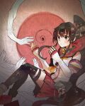  1girl anchor blouse breasts brown_eyes brown_hair cherry_blossoms clothing_cutout detached_sleeves flower hair_flower hair_ornament headgear highres itomugi-kun kantai_collection large_breasts long_hair miniskirt ponytail radar red_skirt shirt shoulder_cutout side_cutout single_thighhigh skirt thighhighs very_long_hair yamato_(kancolle) 