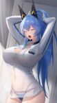  1girl absurdres bikini blue_bikini blue_hair breasts closed_eyes commentary covered_navel cowboy_shot gloves goddess_of_victory:_nikke half_up_braid helm_(aqua_marine)_(nikke) helm_(nikke) high_ponytail highres indoors jacket large_breasts long_hair mouth_hold official_alternate_costume open_mouth ponytail see-through_clothes see-through_jacket siyeong swimsuit tying_hair underwear very_long_hair white_gloves white_jacket yawning 