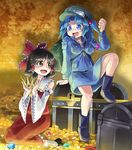  ascot backpack bag blue_eyes blue_hair blush boots bow breasts brown_eyes brown_hair coin crown detached_sleeves diamond gem gold hair_bobbles hair_bow hair_ornament hair_tubes hakurei_reimu hat jewelry kawashiro_nitori key medium_breasts memento_vivi money multiple_girls necklace open_mouth ribbon short_hair skirt smile touhou treasure treasure_chest two_side_up 