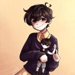  1boy alternate_costume antenna_hair black_eyes black_hair black_sweater character_doll closed_mouth collared_shirt highres long_sleeves looking_at_viewer marionette omori omori_(omori) puppet shirt shxro524 simple_background solo sunny_(omori) sweater yellow_background yellow_shirt 