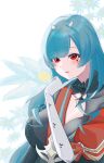  1girl absurdres asymmetrical_sleeves azur_lane blue_flower blue_hair breasts commission finger_to_own_chin flower gloves highres large_breasts long_hair marco_polo_(azur_lane) mark_under_eye puffy_sleeves red_eyes skeb_commission small_horns solo taosabi82 upper_body very_long_hair white_gloves 