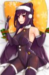  1girl :d absurdres adapted_costume bare_shoulders bed bell blurry bodysuit boots breasts christmas collarbone covered_navel elbow_gloves eyebrows_visible_through_hair fate/grand_order fate_(series) fur_trim garters gloves hat highres large_breasts long_hair looking_to_the_side lying misoca_30 open_mouth pillow pillow_grab purple_bodysuit purple_hair red_eyes ribbon santa_hat scathach_(fate)_(all) scathach_(fate/grand_order) smile snowflake_print solo thigh_boots thighhighs wrist_ribbon 