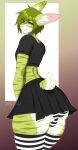 abstract_background anthro bottomwear chatski clothing crop_top femboy fur green_body green_eyes green_fur green_hair hair hare hi_res lagomorph legwear leporid lips male mammal multicolored_clothing multicolored_legwear multicolored_stockings panties pink_nose rabbit shirt short_hair short_tail skirt solo stockings stripes t-shirt tail topwear underwear white_body white_fur wide_hips