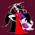  1girl black_coat black_wings body_markings breasts brown_background closed_mouth coat commentary dress facial_mark final_fantasy final_fantasy_viii floral_background full_body fur_coat grey_hair horns jewelry long_bangs long_hair long_sleeves looking_at_viewer mochi_(hanamaruudondesu) necklace parted_bangs red_dress small_breasts solo standing standing_on_one_leg ultimecia wings 