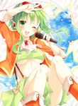  ;d blush breasts goggles green_eyes green_hair gumi headphones knees_up legs looking_at_viewer medium_breasts megpoid_(vocaloid3) microphone music navel one_eye_closed open_mouth short_hair_with_long_locks sidelocks singing skirt smile stomach suspenders tank_top toosaka_asagi underboob v vocaloid 
