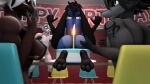 3d_(artwork) absurd_res anthro aroused balls big_butt birthday birthday_cake birthday_party bottomless bovid butt cake candle candle_in_ass canid canine canis caprine clothed clothing cocky confident cutlery dessert digital_media_(artwork) disgust domi_(domibun) erect_nipples feet female food foot_fetish fork fox frost_(domibun) furchev genitals gesture goat group hand_gesture hi_res huge_filesize kitchen_utensils knife kole_(domibun) laugh leo_(atoastedorange) male mammal nipples nude partially_clothed paws penis pointing pointing_at_self proud shirtless sitting_on_cake source_filmmaker_(artwork) surprised_expression tools wolf