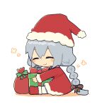  1girl blush_stickers boots box braid chibi chibi_only closed_eyes closed_mouth commentary_request dress full_body fur-trimmed_boots fur-trimmed_dress fur-trimmed_headwear fur-trimmed_sleeves fur_trim gift gift_box grey_hair hat highres kizuna_akari konohoshi long_hair long_sleeves pantyhose red_boots red_dress red_hat sack santa_costume santa_dress santa_hat simple_background sitting smile solo twin_braids vocaloid voiceroid white_background white_pantyhose 
