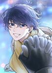  1boy 1other blue_eyes blue_hair blurry blurry_background blush bokeh brown_coat coat depth_of_field gloves highres holding_hands kikrg_kikurage looking_at_viewer male_focus mizuki_hajime parted_lips pov pov_hands scarf short_hair signature smile solo_focus swept_bangs tennis_no_ouji-sama upper_body watermark wavy_hair winter_clothes yellow_scarf 