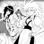 3girls absurdres animal bb_(baalbuddy) blush breasts cleavage closed_mouth commentary cowboy_bebop cowboy_shot crossover dog dress earrings ein_(cowboy_bebop) english_commentary feet_out_of_frame greyscale hand_on_own_hip hands_up hat highres jacket jewelry kidou_senkan_nadesico large_breasts long_hair long_sleeves melfina_(outlaw_star) misumaru_yurika monochrome multiple_girls necktie open_mouth outlaw_star outlaw_star_(spaceship) ryouko_(tenchi_muyou!) smile smoke spacecraft spiked_hair standing tenchi_muyou! v welsh_corgi 