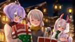  4girls alternate_costume ame. animal_ears ayanami_(azur_lane) ayanami_(kantai_collection) azur_lane bag bangs blush bow building bunny_ears buttons christmas christmas_lights christmas_ornaments christmas_tree clinging closed_mouth commentary_request eyebrows eyebrows_visible_through_hair eyes_closed gift green_eyes grey_hair hair_between_eyes holding house hug javelin_(azur_lane) laffey_(azur_lane) long_hair long_sleeves mittens multiple_girls night night_sky open_mouth purple_hair red_eyes rooftop scarf shopping_bag short_hair sky sleeping smile snow star sweater tree twintails white_hair winter winter_clothes z23_(azur_lane) 