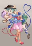  absurdres blush eyeball floral_print green_eyes green_hair hairband hat hat_ribbon heart heart_of_string highres hug hug_from_behind komeiji_koishi komeiji_satori multiple_girls nandaka. purple_eyes purple_hair ribbon short_hair siblings sisters skirt smile third_eye touhou 