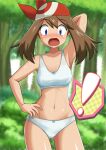  ! 1girl arm_behind_head armpits bandana blue_eyes blurry blurry_background blush bra breasts brown_hair collarbone commentary_request cowboy_shot forest hand_on_own_hip kohta_(my_page) looking_at_viewer may_(pokemon) medium_breasts medium_hair nature navel open_mouth panties pokemon pokemon_rse red_bandana solo spoken_exclamation_mark standing stomach training_bra underwear underwear_only white_bra white_panties 