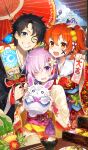  2boys 4girls artoria_pendragon_(fate) bamboo_shoot belt_pouch bento bird black_hair black_kimono blue_bird blue_eyes bow bowl chaldea_logo chinese_zodiac chopsticks commentary day elizabeth_bathory_(fate) facepaint fate/grand_order fate_(series) floral_print floral_print_kimono flower fou_(fate) fujimaru_ritsuka_(female) fujimaru_ritsuka_(male) green_bow hagoita hair_flower hair_ornament hair_over_one_eye holding holding_paddle holding_paper ibaraki_douji_(fate) japanese_clothes jeanne_d'arc_(fate) jeanne_d'arc_(ruler)_(fate) kadomatsu kimono kite kite_flying long_sleeves lost_robin_rondo mash_kyrielight medium_hair mika_pikazo multiple_boys multiple_girls new_year obi official_art oil-paper_umbrella olga_marie_animusphere omikuji one_eye_closed one_side_up orange_eyes orange_hair outdoors paddle paper pink_hair plate pouch print_kimono purple_eyes red_bow red_kimono riyo_(lyomsnpmp)_(style) saber_(fate) sakata_kintoki_(fate) sash short_hair shuten_douji_(fate) sky smile teeth third-party_source umbrella white_kimono wide_sleeves year_of_the_rooster 