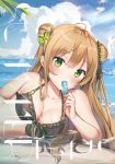  1girl ahoge bangs bare_shoulders beach bikini blue_sky blush bow breasts brown_hair cleavage cloud collarbone cover cover_page double_bun eyebrows_visible_through_hair food girls_frontline green_bow green_eyes hair_between_eyes hair_bow holding holding_food long_hair looking_at_viewer lying medium_breasts multicolored multicolored_bikini multicolored_clothes ocean on_side outdoors partially_submerged popsicle rfb_(girls_frontline) sand sidelocks sky solo swimsuit tohoorin wet 