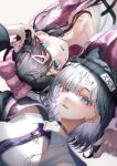 2girls aqua_eyes black_choker black_hair black_hat choker collared_shirt fang grey_hair hair_ornament hairclip hat highres jacket kaga_nazuna kaga_sumire knit_hat long_hair looking_at_viewer minto_(minto_rururu) mole mole_under_eye multicolored_hair multiple_girls necktie open_clothes open_jacket parted_lips pink_hair pink_jacket purple_necktie shirt short_hair simple_background smile virtual_youtuber vspo! white_background white_shirt 