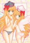  ass blush dual_persona green_eyes hat holding_hands lily_black lily_white long_hair multiple_girls open_mouth panties ribbon satsuki_(gogotaru) topless touhou traditional_media underwear underwear_only wings 
