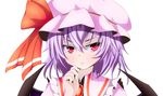  bat_wings brooch frown hand_on_own_chin hat hat_ribbon jewelry lavender_hair looking_away misumo mob_cap red_eyes remilia_scarlet ribbon short_hair simple_background solo touhou upper_body white_background wings 