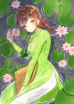  1girl absurdres ao_dai axis_powers_hetalia blush breasts brown_eyes brown_hair dress flower green_dress hat highres large_breasts lily_pad long_hair long_sleeves looking_at_viewer lotus pants partially_submerged ponytail riri5937 solo vietnam_(hetalia) vietnamese_clothes wet wet_clothes white_pants 