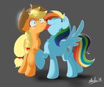  applejack_(mlp) blonde_hair blue_feathers blue_skin cowboy_hat cutie_mark duo equine eyes_closed feathers female feral freckles friendship_is_magic green_eyes grey_background hair hat hooves horse licking long_hair mammal multi-colored_hair my_little_pony orange_skin pegasus plain_background pony rainbow_dash_(mlp) rainbow_hair shnider signature standing surprise tongue tongue_out wings 