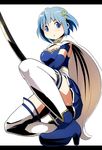  :o ace_rocket ankle_boots blue_eyes blue_hair blush boots breasts buckle cape cleavage elbow_gloves frills gloves hair_ornament hairpin high_heels highres magical_girl mahou_shoujo_madoka_magica medium_breasts miki_sayaka shoes short_hair skirt solo squatting sword thighhighs weapon 
